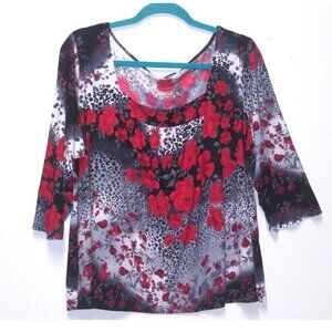 Jonden By Linda Leal Blouse Top Womens 2X ROSES black white red STRETCHY BOXY